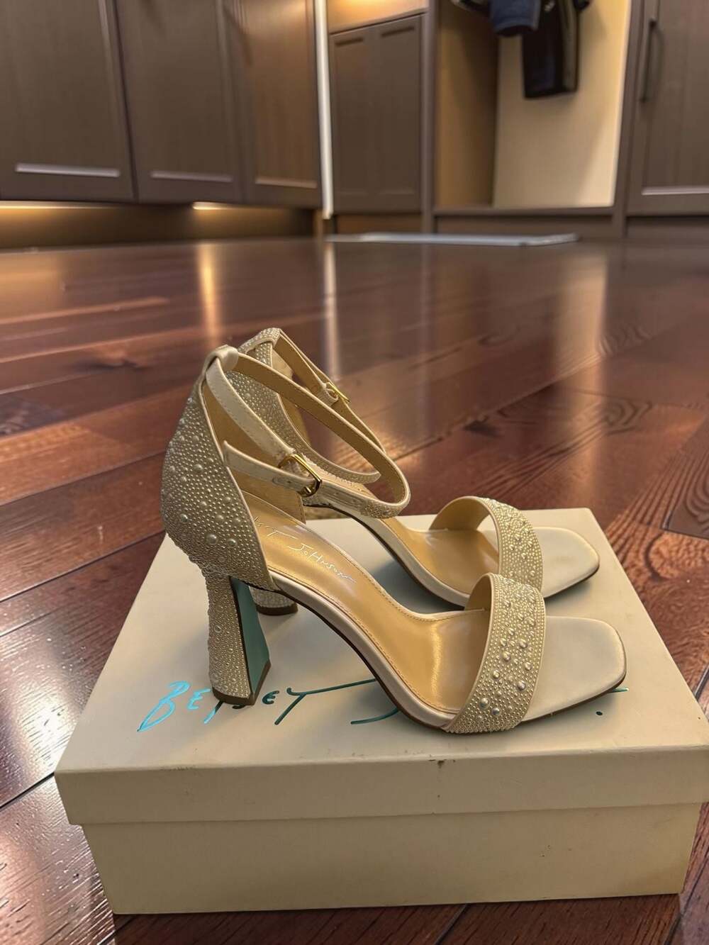 Betsey Johnson Dani Pearl Embellished Ankle Strap Block Heel Sandals
